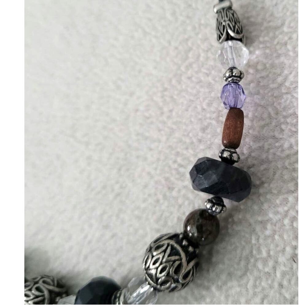 Lia Sophia Beaded Silver Blue Glass NECKLACE Black Leather Adjustable